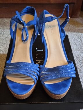 J. Crew Royal Blue Suede Cork Wedge Sandals